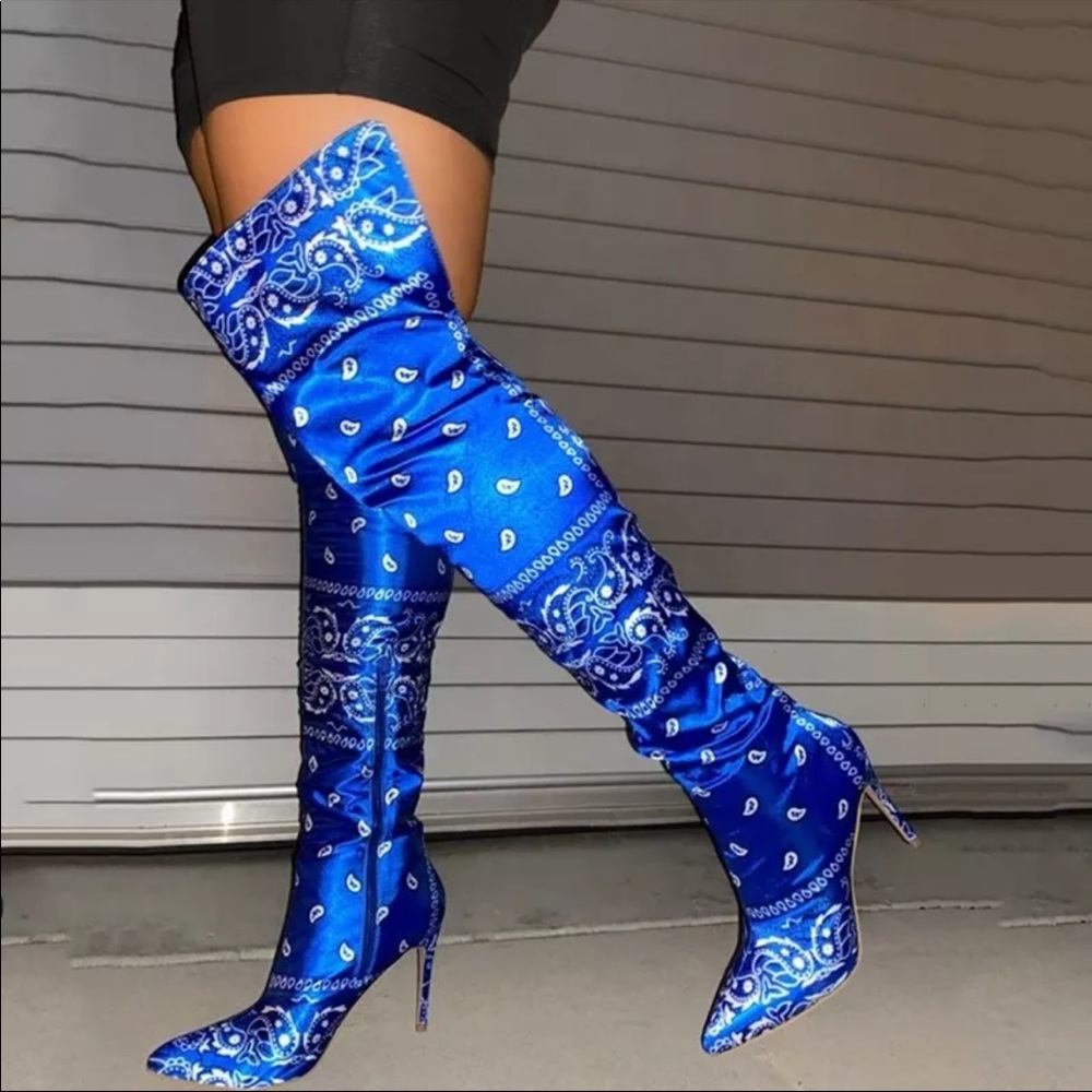 Blue Thigh High Bandana Print Heels